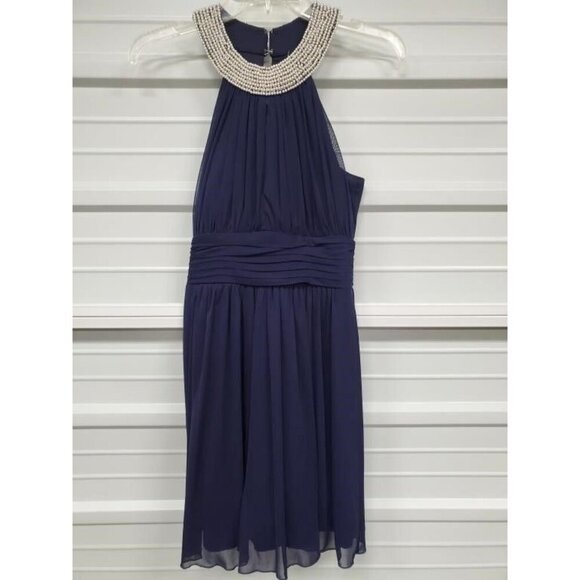 Speechless Navy Sleeveless Chiffon Dress Pearl Strand Embellished Neckline sz 5 - Picture 1 of 3